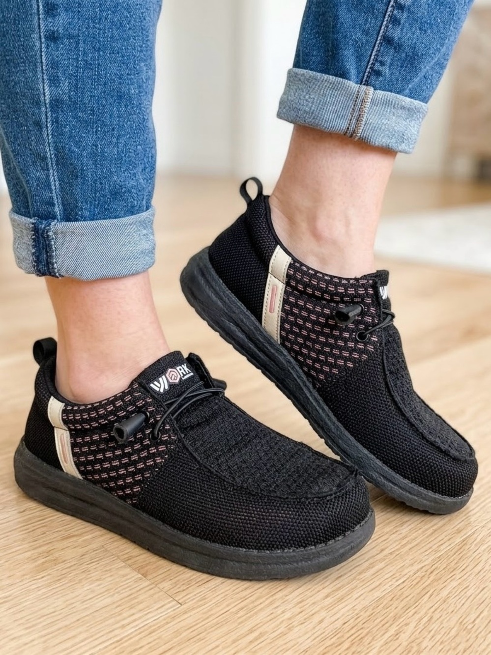 LARNMERN Steel Toe Shoes Black Pink Slip On Work Safety Loafers Walking Sneakers